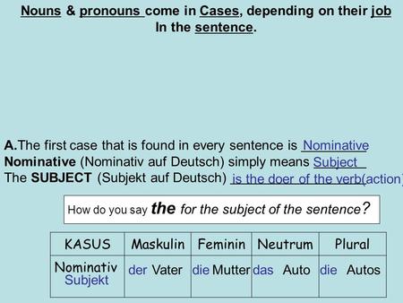 Nouns & pronouns come in Cases, depending on their job