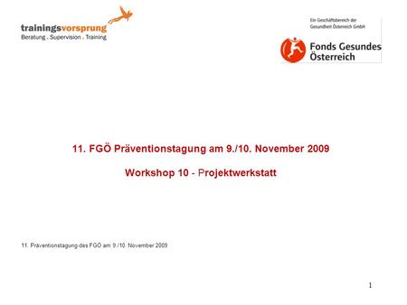 Wissenschaftszentrum für Gesundheitsförderung und Prävention 1 11. FGÖ Präventionstagung am 9./10. November 2009 Workshop 10 - Projektwerkstatt 11. Präventionstagung.