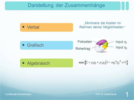 Prof. Dr. HildebrandtFunktionale Darstellungen 1 Darstellung der Zusammenhänge Verbal Grafisch Algebraisch Minimiere die Kosten im Rahmen deiner Möglichkeiten.
