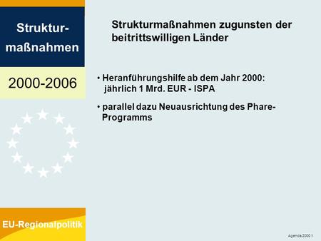 2000-2006 Struktur- maßnahmen EU-Regionalpolitik Agenda 2000 1 Strukturmaßnahmen zugunsten der beitrittswilligen Länder Heranführungshilfe ab dem Jahr.