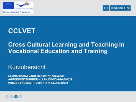 CCLVET Cross Cultural Learning and Teaching in Vocational Education and Training Kurzübersicht LEONARDO DA VINCI Transfer of Innovation AGREEMENT NUMBER.