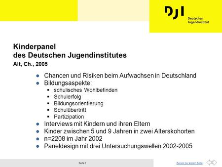 Zurück zur ersten SeiteSeite 1 Kinderpanel des Deutschen Jugendinstitutes Alt, Ch., 2005 l Chancen und Risiken beim Aufwachsen in Deutschland l Bildungsaspekte: