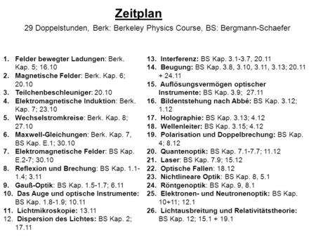 Zeitplan 29 Doppelstunden, Berk: Berkeley Physics Course, BS: Bergmann-Schaefer Felder bewegter Ladungen: Berk. Kap. 5; 16.10 Magnetische Felder: Berk.