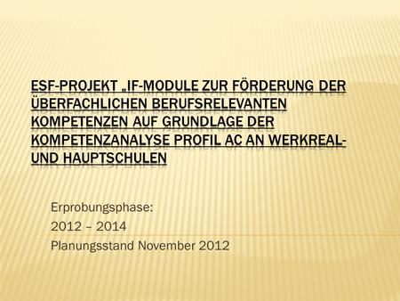 Erprobungsphase: 2012 – 2014 Planungsstand November 2012