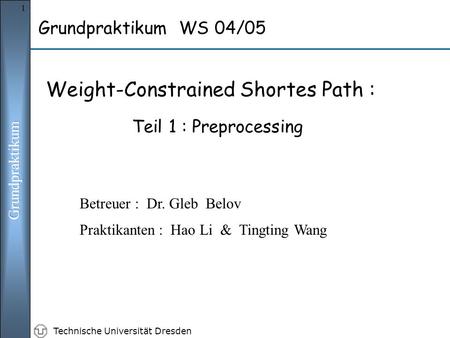 Technische Universität Dresden 1 Grundpraktikum WS 04/05 Weight-Constrained Shortes Path : Teil 1 : Preprocessing Praktikanten : Hao Li & Tingting Wang.