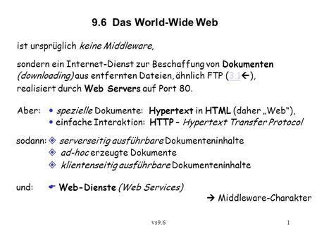 Vs9.61 9.6 Das World-Wide Web ist ursprüglich keine Middleware, sondern ein Internet-Dienst zur Beschaffung von Dokumenten (downloading) aus entfernten.