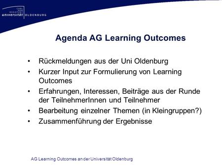 Agenda AG Learning Outcomes