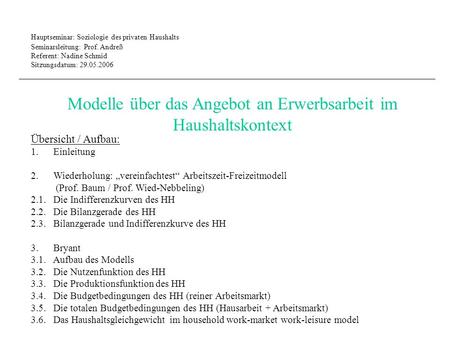 Hauptseminar: Soziologie des privaten Haushalts Seminarsleitung: Prof. Andreß Referent: Nadine Schmid Sitzungsdatum: 29.05.2006 Modelle über das Angebot.