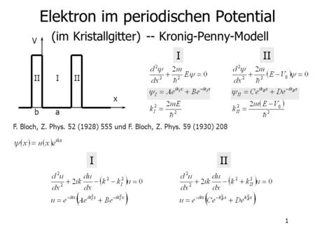 Elektron im periodischen Potential (im Kristallgitter) -- Kronig-Penny-Modell V I II II I II x b a F. Bloch, Z. Phys. 52 (1928) 555 und F. Bloch, Z. Phys.