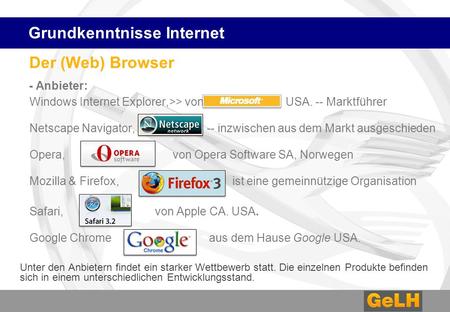 Der (Web) Browser - Anbieter: Windows Internet Explorer,>> von USA. -- Marktführer Netscape Navigator, -- inzwischen aus dem Markt ausgeschieden Opera,