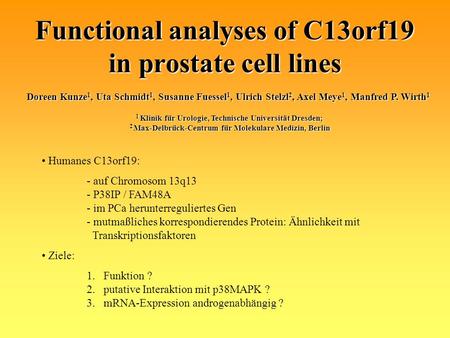 Functional analyses of C13orf19 in prostate cell lines Humanes C13orf19: - auf Chromosom 13q13 - P38IP / FAM48A - im PCa herunterreguliertes Gen - mutmaßliches.