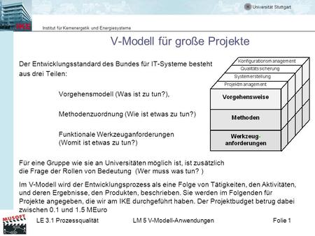 Universität Stuttgart Institut für Kernenergetik und Energiesysteme LE 3.1 ProzessqualitätLM 5 V-Modell-AnwendungenFolie 1 V-Modell für große Projekte.
