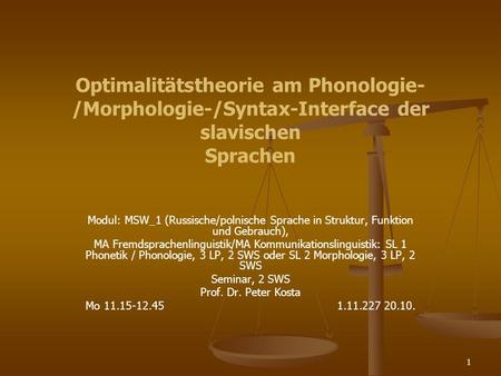 Optimalitätstheorie am Phonologie-/Morphologie-/Syntax-Interface der slavischen Sprachen Modul: MSW_1 (Russische/polnische Sprache in Struktur, Funktion.