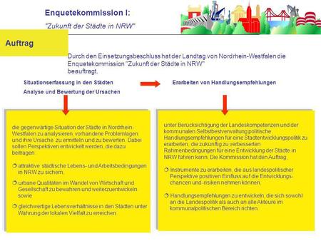 Die gegenwärtige Situation der Städte in Nordrhein- Westfalen zu analysieren, vorhandene Problemlagen und ihre Ursache zu ermitteln und zu bewerten. Dabei.