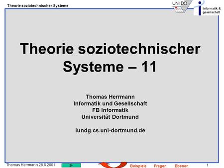 Theorie soziotechnischer Systeme – 11 Thomas Herrmann Informatik und Gesellschaft FB Informatik Universität Dortmund iundg.cs.uni-dortmund.de.