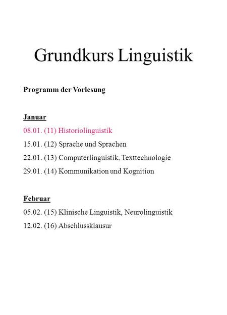 Grundkurs Linguistik Programm der Vorlesung Januar