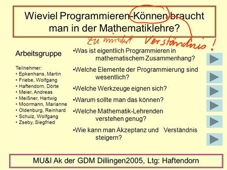 Wieviel Programmieren-Können braucht man in der Mathematiklehre? Arbeitsgruppe MU&I Ak der GDM Dillingen2005, Ltg: Haftendorn Teilnehmer: Epkenhans, Martin.