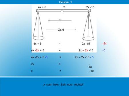 = 4x + 5 - 20 x nach links, Zahl nach rechts! -2x 4x -2x + 52x – 2x -15-5 4x -2x + 5 -5 = 2x – 2x -15 - 5 x Zahl 2x= = 2x -15 x = - 10 = 4x + 52x -15 Beispiel.