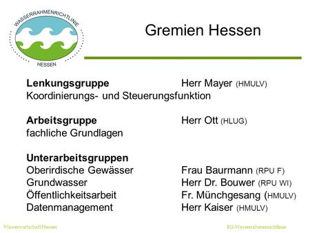 Gremien Hessen Wasserwirtschaft Hessen EG-Wasserrahmenrichtlinie LenkungsgruppeHerr Mayer (HMULV) Koordinierungs- und Steuerungsfunktion ArbeitsgruppeHerr.