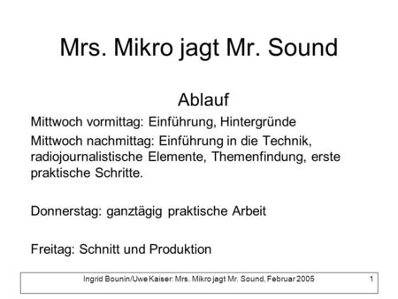 Ingrid Bounin/Uwe Kaiser: Mrs. Mikro jagt Mr. Sound, Februar 2005
