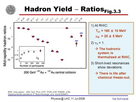 LHC, 11 Jul 2008 Kai Schweda Hadron Yield Ratios Fig.3.3 1) At RHIC: T ch = 160 ± 10 MeV B = 25 ± 5 MeV 2) S = 1. The hadronic system is thermalized.