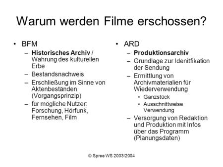 © Spree WS 2003/2004 Warum werden Filme erschossen? BFM –Historisches Archiv / Wahrung des kulturellen Erbe –Bestandsnachweis –Erschließung im Sinne von.