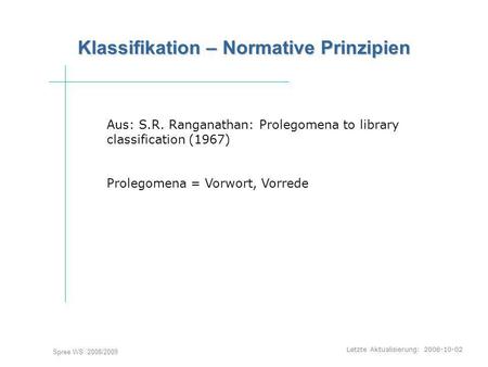 Letzte Aktualisierung: 2008-10-02 Spree WS 2008/2009 Klassifikation – Normative Prinzipien Aus: S.R. Ranganathan: Prolegomena to library classification.