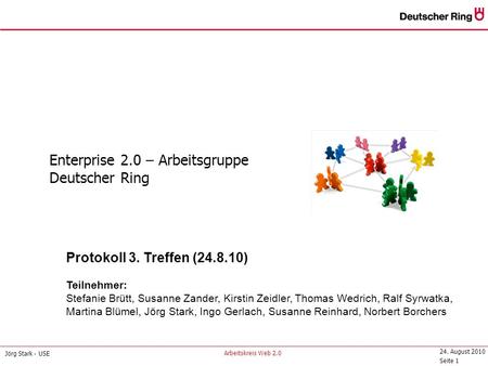 24. August 2010 Seite 1 Arbeitskreis Web 2.0 Enterprise 2.0 – Arbeitsgruppe Deutscher Ring Jörg Stark - USE Enterprise 2.0 – Arbeitsgruppe Deutscher Ring.