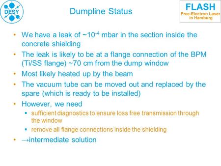 Dumpline Status We have a leak of ~10 -4 mbar in the section inside the concrete shielding The leak is likely to be at a flange connection of the BPM (Ti/SS.