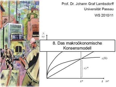 267 Prof. Dr. Johann Graf Lambsdorff Universität Passau WS 2010/11 f(k) k y, s. y s. f(k) (n+ )k s. y* c* k* y* 8. Das makroökonomische Konsensmodell.