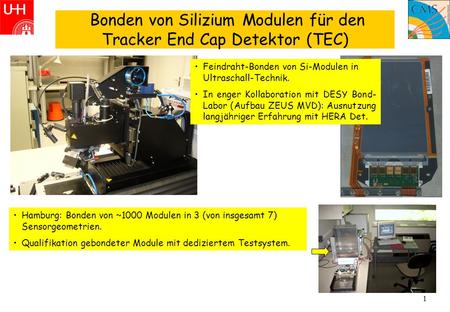 1 Bonden von Silizium Modulen für den Tracker End Cap Detektor (TEC) Hamburg: Bonden von ~1000 Modulen in 3 (von insgesamt 7) Sensorgeometrien. Qualifikation.