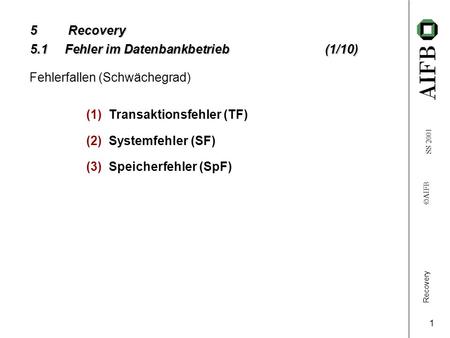 Recovery AIFB SS 2001 1 5Recovery 5.1 Fehler im Datenbankbetrieb(1/10) (1)Transaktionsfehler (TF) (2)Systemfehler (SF) (3)Speicherfehler (SpF) Fehlerfallen.