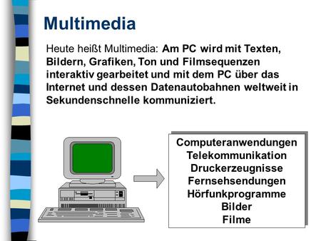 Multimedia Heute heißt Multimedia: Am PC wird mit Texten, Bildern, Grafiken, Ton und Filmsequenzen interaktiv gearbeitet und mit dem PC über das Internet.