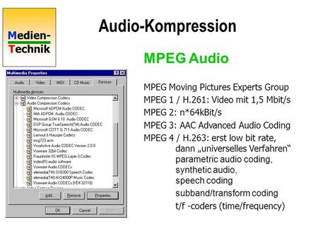 Audio-Kompression MPEG Audio MPEG Moving Pictures Experts Group