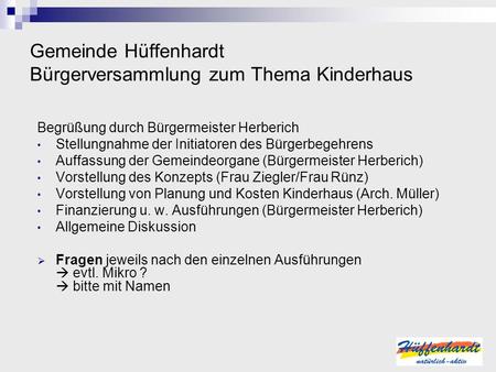 Gemeinde Hüffenhardt Bürgerversammlung zum Thema Kinderhaus