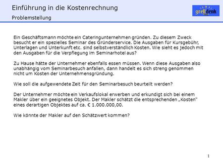 Problemstellung Ein Geschäftsmann möchte ein Cateringunternehmen gründen. Zu diesem Zweck besucht er ein spezielles Seminar des Gründerservice. Die Ausgaben.