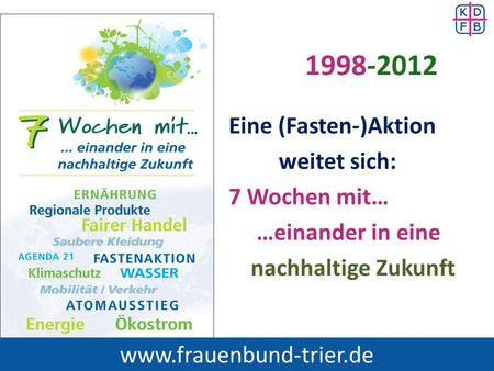 1998-2012 Eine (Fasten-)Aktion weitet sich: 7 Wochen mit… …einander in eine nachhaltige Zukunft www.frauenbund-trier.de www.frauenbund-trier.de.