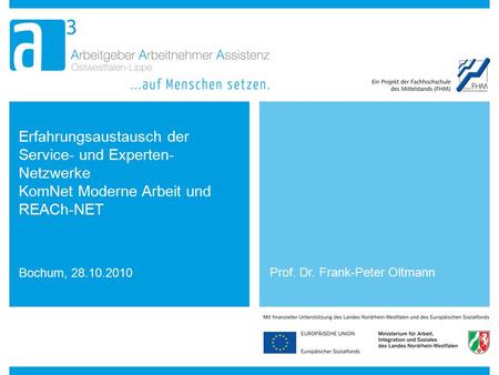 Erfahrungsaustausch der Service- und Experten-Netzwerke KomNet Moderne Arbeit und REACh-NET Bochum, 28.10.2010 Prof. Dr. Frank-Peter Oltmann.