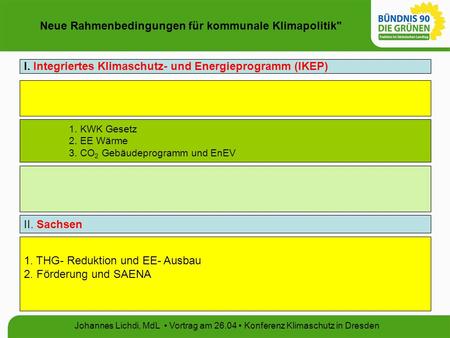 Neue Rahmenbedingungen für kommunale Klimapolitik Johannes Lichdi, MdL Vortrag am 26.04 Konferenz Klimaschutz in Dresden I. Integriertes Klimaschutz-