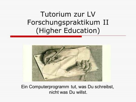 Tutorium zur LV Forschungspraktikum II (Higher Education) Ein Computerprogramm tut, was Du schreibst, nicht was Du willst.