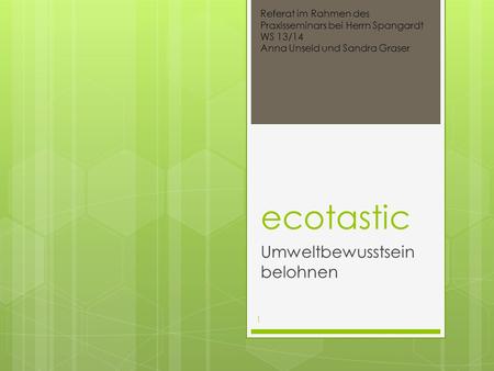Ecotastic Umweltbewusstsein belohnen Referat im Rahmen des Praxisseminars bei Herrn Spangardt WS 13/14 Anna Unseld und Sandra Graser 1.