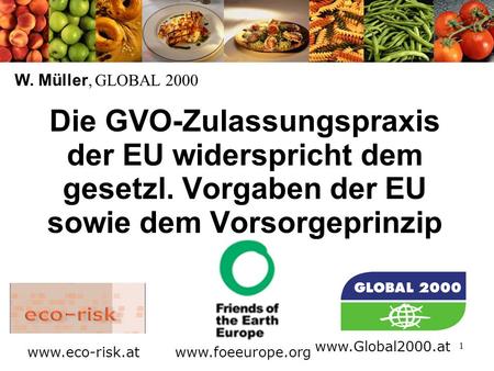 1 Die GVO-Zulassungspraxis der EU widerspricht dem gesetzl. Vorgaben der EU sowie dem Vorsorgeprinzip W. Müller, GLOBAL 2000 www.foeeurope.org www.Global2000.at.