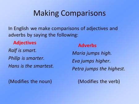 Making Comparisons In English we make comparisons of adjectives and adverbs by saying the following: Adjectives Ralf is smart. Philip is smarter. Hans.