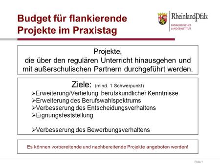 Folie 1 Budget für flankierende Projekte im Praxistag Ziele: (mind. 1 Schwerpunkt)  Erweiterung/Vertiefung berufskundlicher Kenntnisse  Erweiterung des.