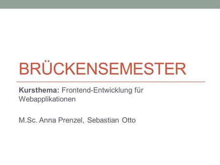 BRÜCKENSEMESTER Kursthema: Frontend-Entwicklung für Webapplikationen M.Sc. Anna Prenzel, Sebastian Otto.