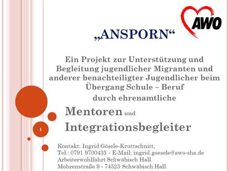 „ANSPORN“ Ein Projekt zur Unterstützung und Begleitung jugendlicher Migranten und anderer benachteiligter Jugendlicher beim Übergang Schule – Beruf durch.