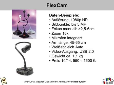 FlexCam AkadDir W. Wagner, Didaktik der Chemie, Universität Bayreuth Daten-Beispiele: Auflösung: 1080p HD Bildpunkte: bis 5 MP Fokus manuell: >2,5-6cm.