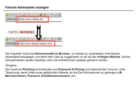 Der Angreifer nutzt eine Schwachstelle im Browser, um diesen zu veranlassen, eine falsche Adresszeile anzuzeigen und damit dem User zu suggerieren, er.
