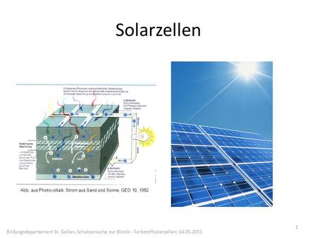 Solarzellen Abb. aus Photovoltaik: Strom aus Sand und Sonne, GEO 10, 1982 Bildungsdepartement St. Gallen, Schulversuche zur Bionik - Farbstoffsolarzellen;