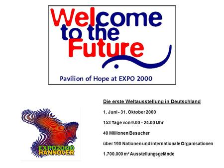 Die erste Weltausstellung in Deutschland 1. Juni - 31. Oktober 2000 153 Tage von 9.00 - 24.00 Uhr 40 Millionen Besucher über 190 Nationen und internationale.